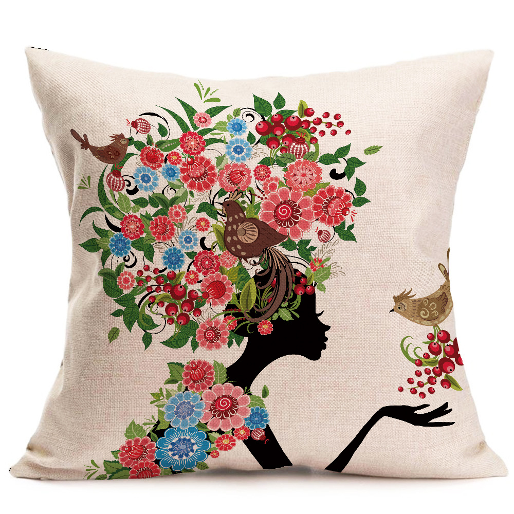 撑伞花朵女孩图案ebaywish热销亚麻家居抱枕靠枕套厂价批发定做