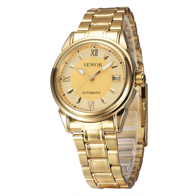 新款男士休闲腕表 不锈钢sewor合金表带机械表 普通玻璃镜面手表