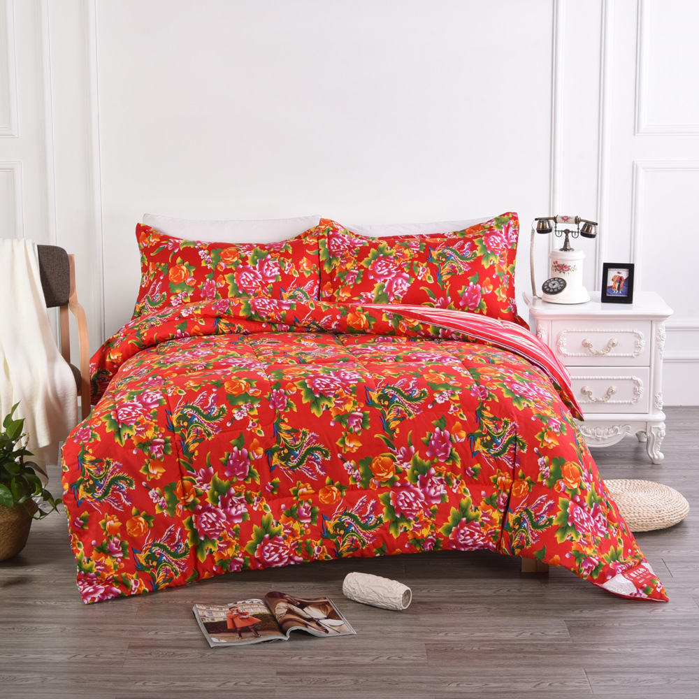 大红花婚庆冬被 复古特价冬季保暖被 仿棉礼品团购被子 厂家直销