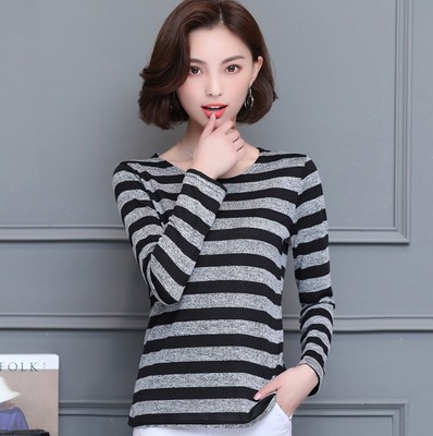 2017秋衣新款大码女装宽松条纹针织长袖女上衣打底衫