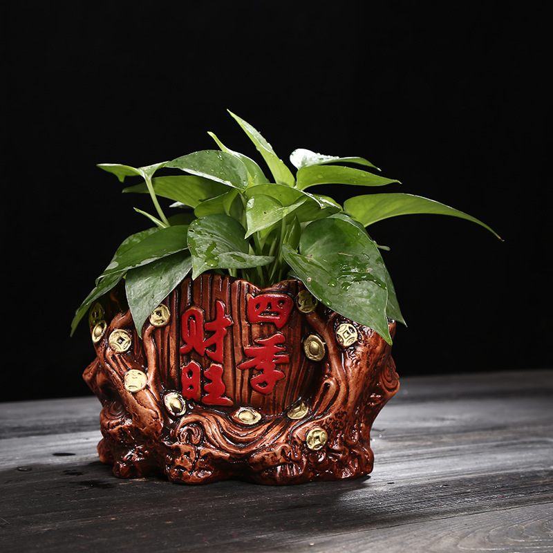 仿古陶瓷花盆四季旺财浮雕花盆复古红陶肉肉植物发财树专用盆批发
