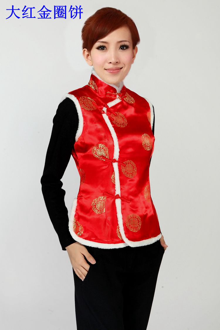 大红喜庆坎肩背心小棉袄工作服女收银员秋冬装茶楼唐装中式棉马甲