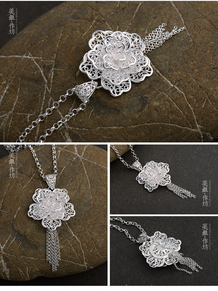 白族银饰定制 民族银饰生产订制 纯银项饰小号玫瑰花吊坠
