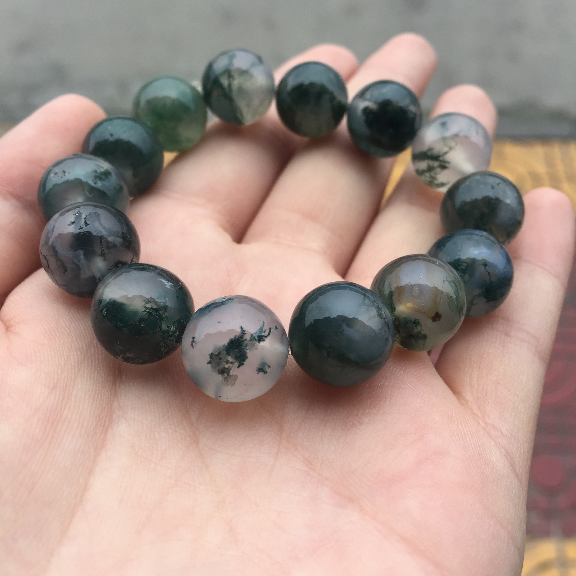 墨绿色水草玛瑙单圈男女款手链玉手串饰品