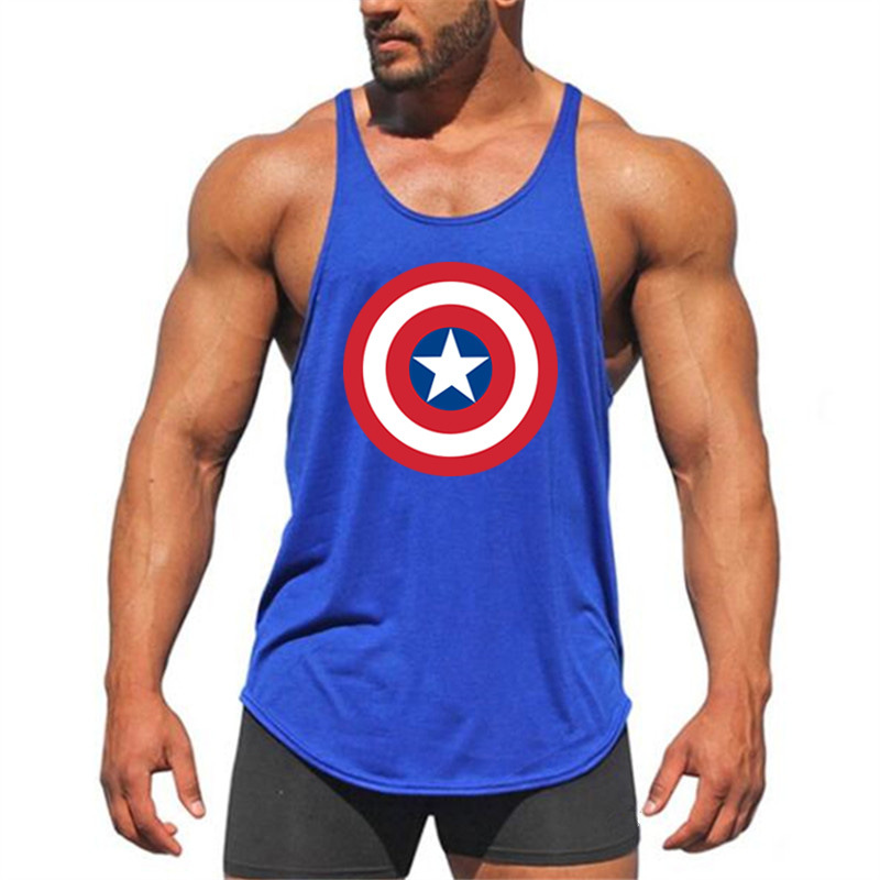 欧美大码美国队长健身房运动背心男士盾牌印花圆弧下摆纯棉工字背