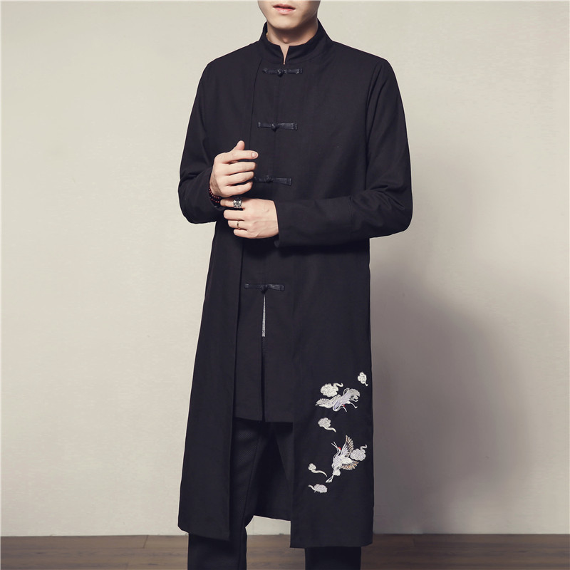 中国风复古男装中式长衫汉服男大码休闲长袍外套亚麻长袖男士唐装