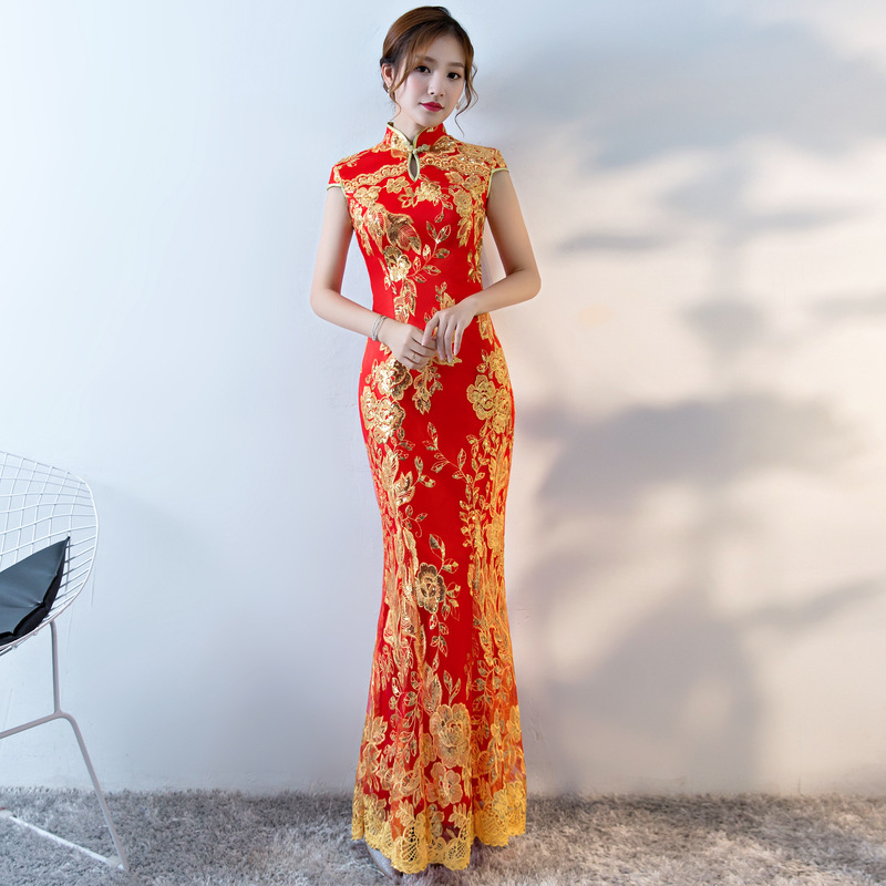 敬酒服旗袍2019新款长款中国风新娘中式礼服结婚衣服女回门夏