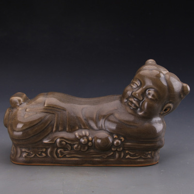 宋耀州窑灰青釉玉女娃娃枕景德镇古董瓷器古玩做旧摆件老货出土