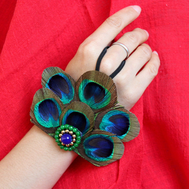 孔雀羽毛手链 羽毛手工编织手套 护腕 手链 舞蹈配饰