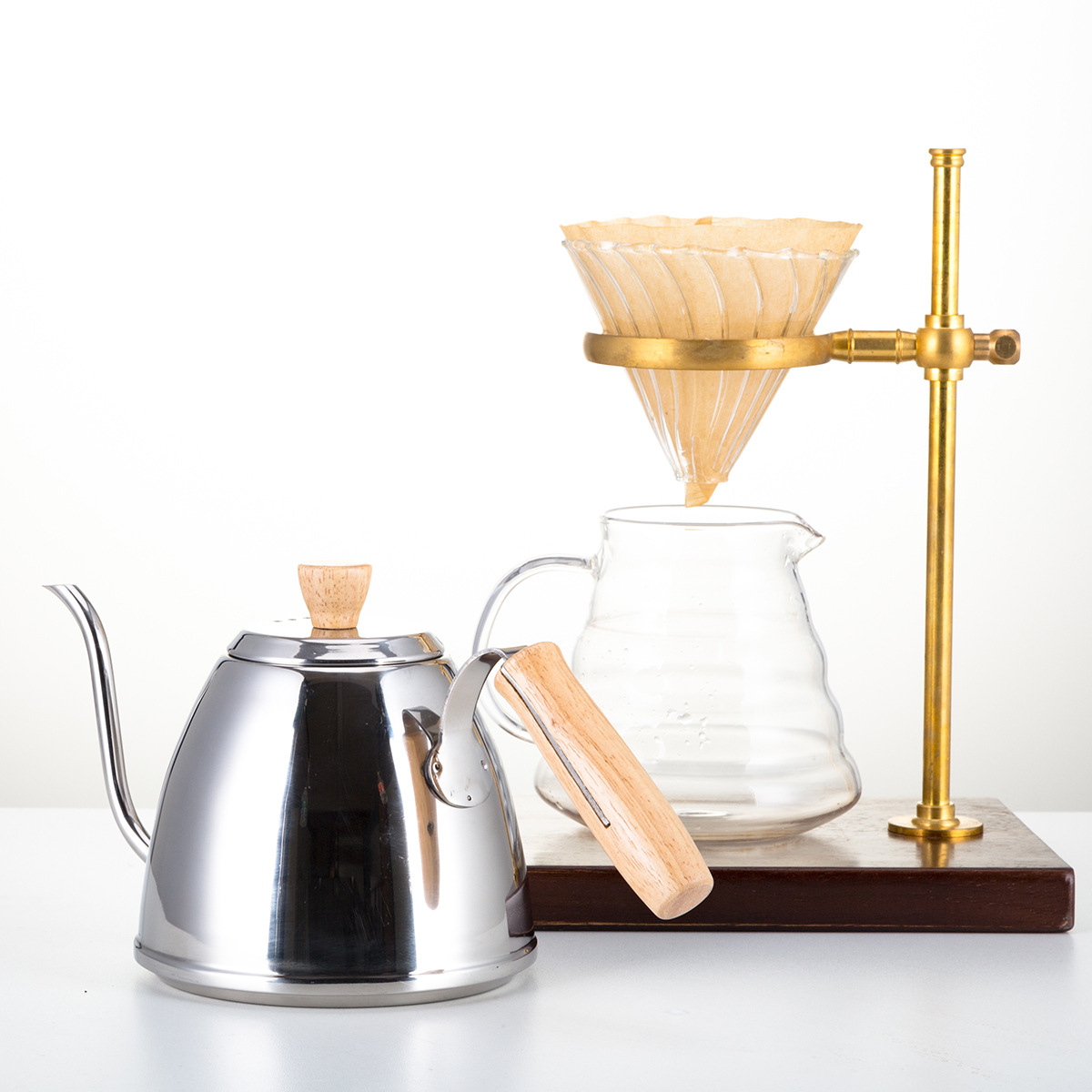 手冲咖啡壶 不锈钢木手柄美式壶 滤泡式细口壶 极细长嘴注热水壶