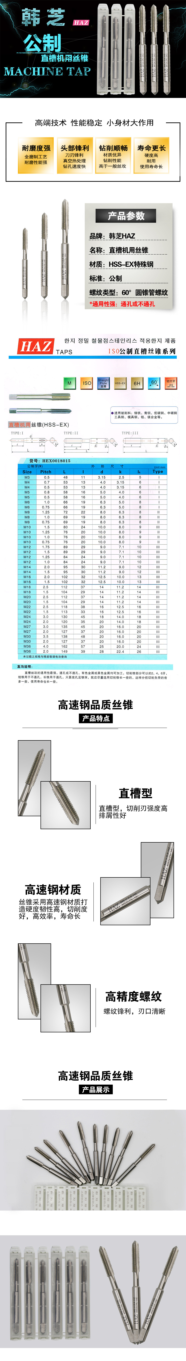 韩芝haz通用丝攻60°圆锥管螺纹 iso公制直槽丝锥m12m14m16m18