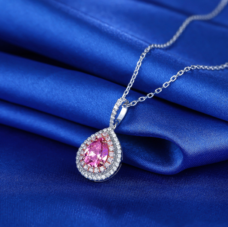 雅度珠宝 水滴形彩钻吊坠 粉钻 纯银镀金镶嵌碳合钻项链 纯银项链