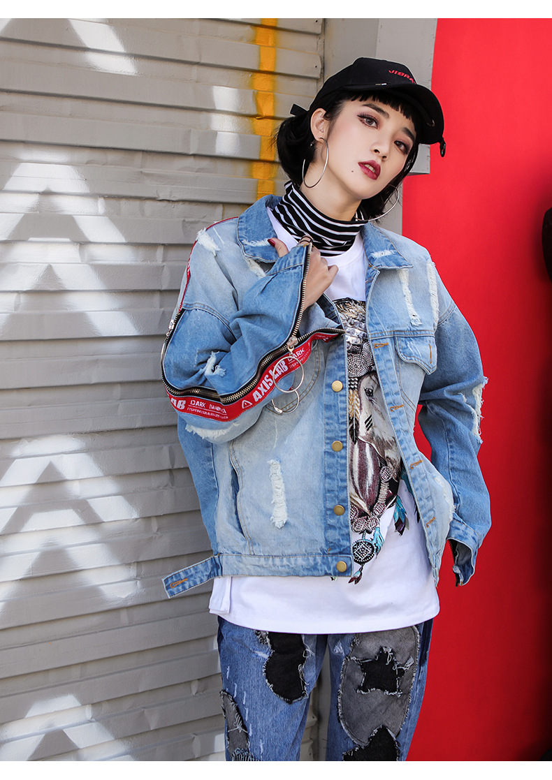 牛仔外套女2018春季新款嘻哈宽松拼色街头风外套女bf个性潮学生
