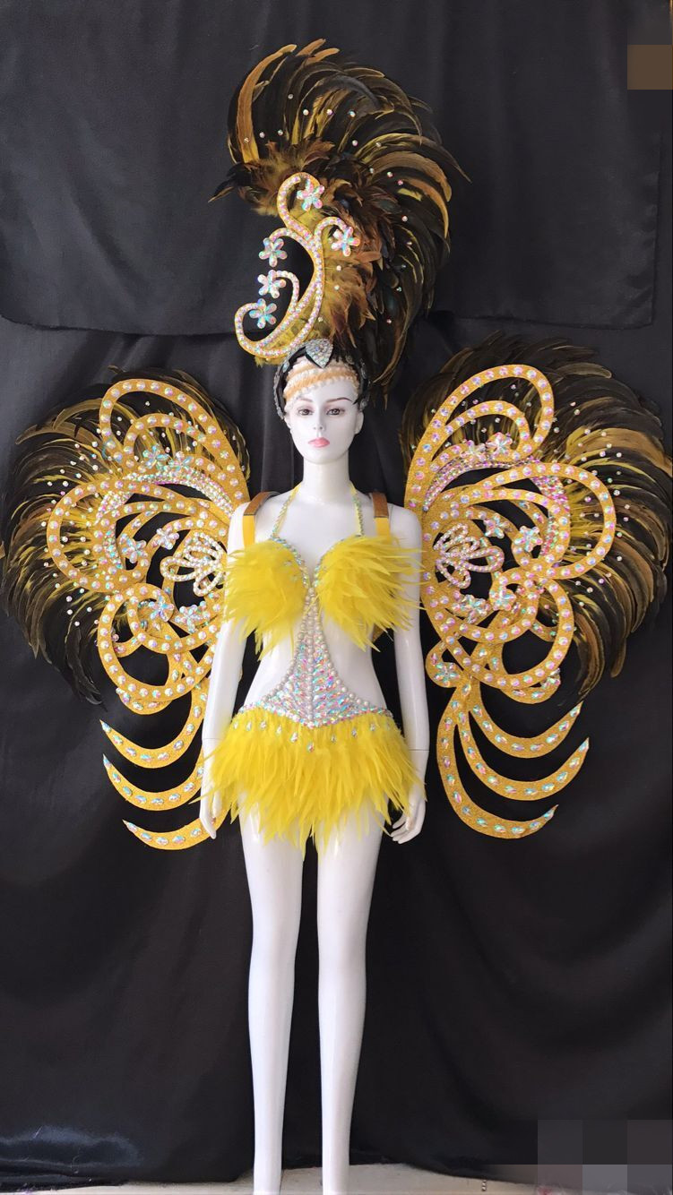 桑巴舞蹈舞台演出服装 鸵鸟毛背板 舞队头饰 开场羽毛大气服装