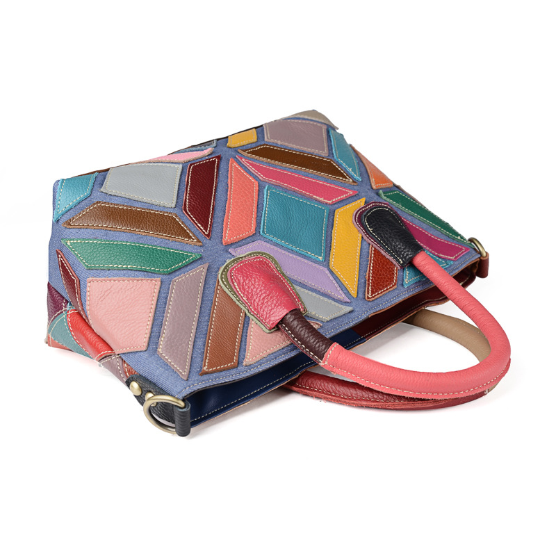 工厂批发真皮女包时尚潮流碎皮彩色拼接个性包单肩斜跨牛皮女包