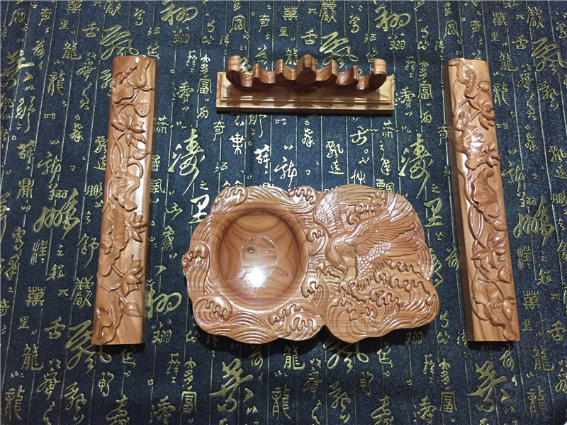 肥城桃木 文房四宝摆件 精工雕刻 砚台镇纸笔架 量大从优