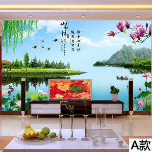 中式山水画客厅电视背景墙效果图3d立体山水情墙壁纸批发墙布壁画