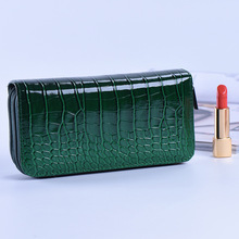韩版创意绿色鳄鱼纹女士手拿包 亮皮双层拉链时尚手拿钱包
