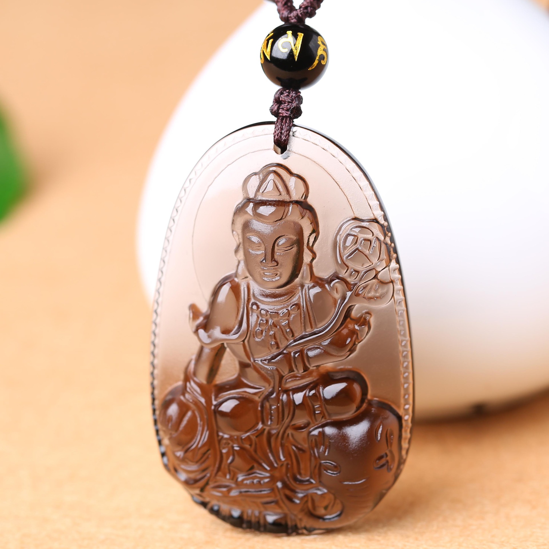 听涛包邮 冰种天然黑曜石 普贤菩萨吊坠生肖属龙属蛇守护神本