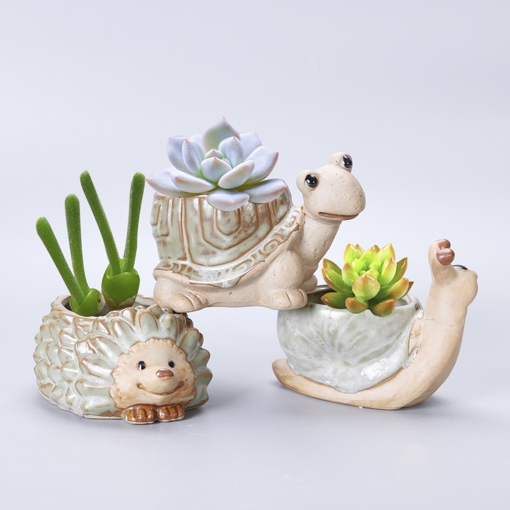 卡通多肉花盆清新动物花盆创意窑变陶瓷花盆蜗乌龟刺猬盆8080