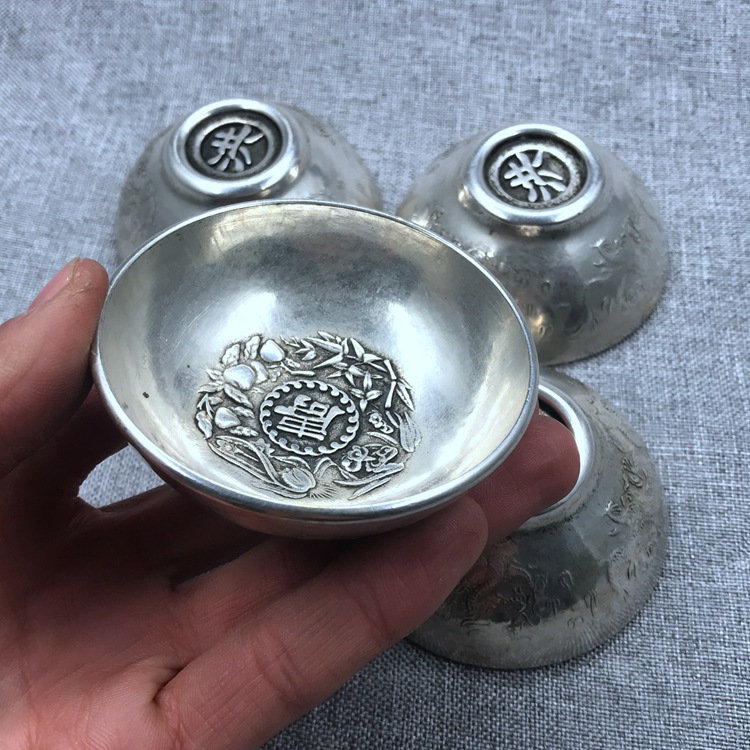 仿古银器铜器镀银银碗银杯福 禄寿 喜洪字底中号镀银杯四个一套