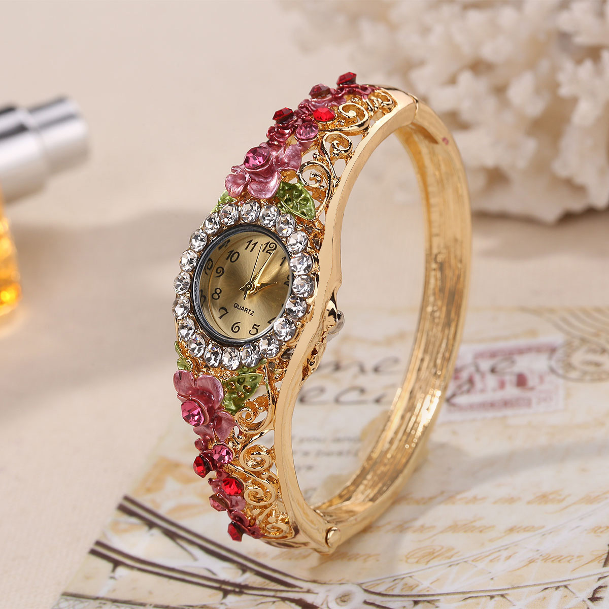 Wish Popular Products Vintage Cloisonne 3D Flower Blooming Rich Women's Wrist Watch Women's Fashion Bracelet Quartz Watch