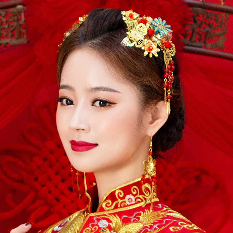 新娘金色发饰古装秀禾服头饰中式龙凤褂敬酒服配饰品套装厂家直销