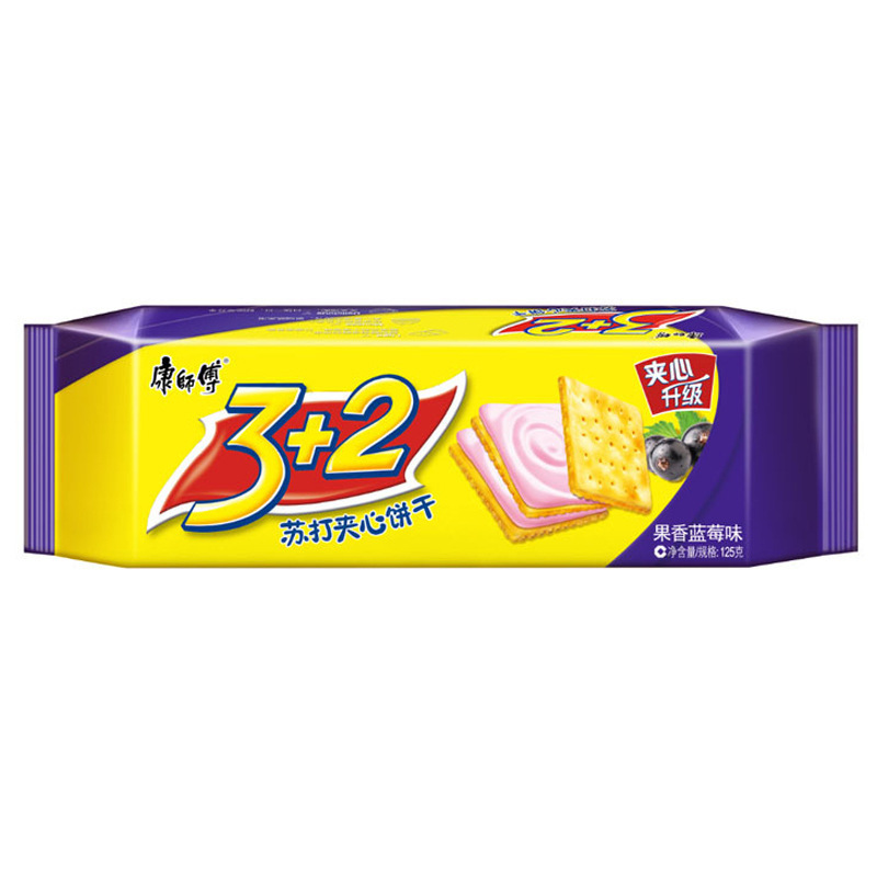 康师傅3 2苏打夹心饼干125克巧克力,奶油,柠檬,蓝莓味 批发