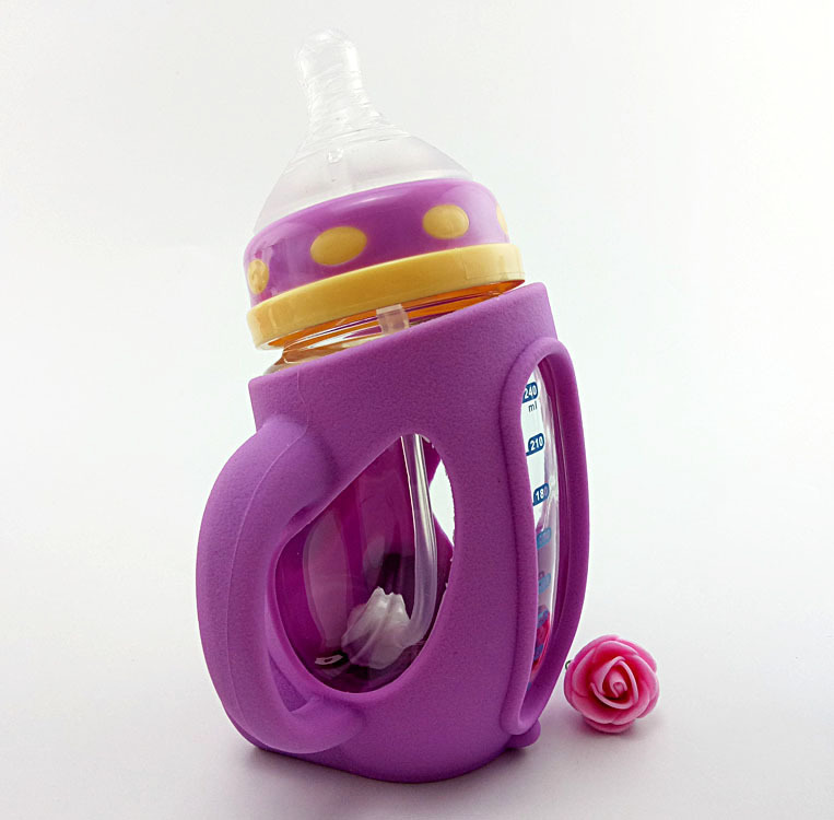 厂家直销 玻璃防摔奶瓶 带硅胶套手柄防胀气宽口径婴儿奶瓶