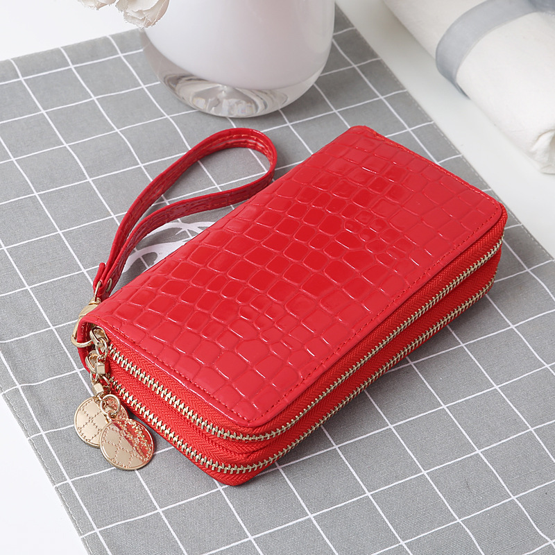 Solid Color Bright Leather Double Zipper Korean Style Simple Women's Wallet Multiple Card Slots PU Leather Long Clutch Stone Pattern Bag