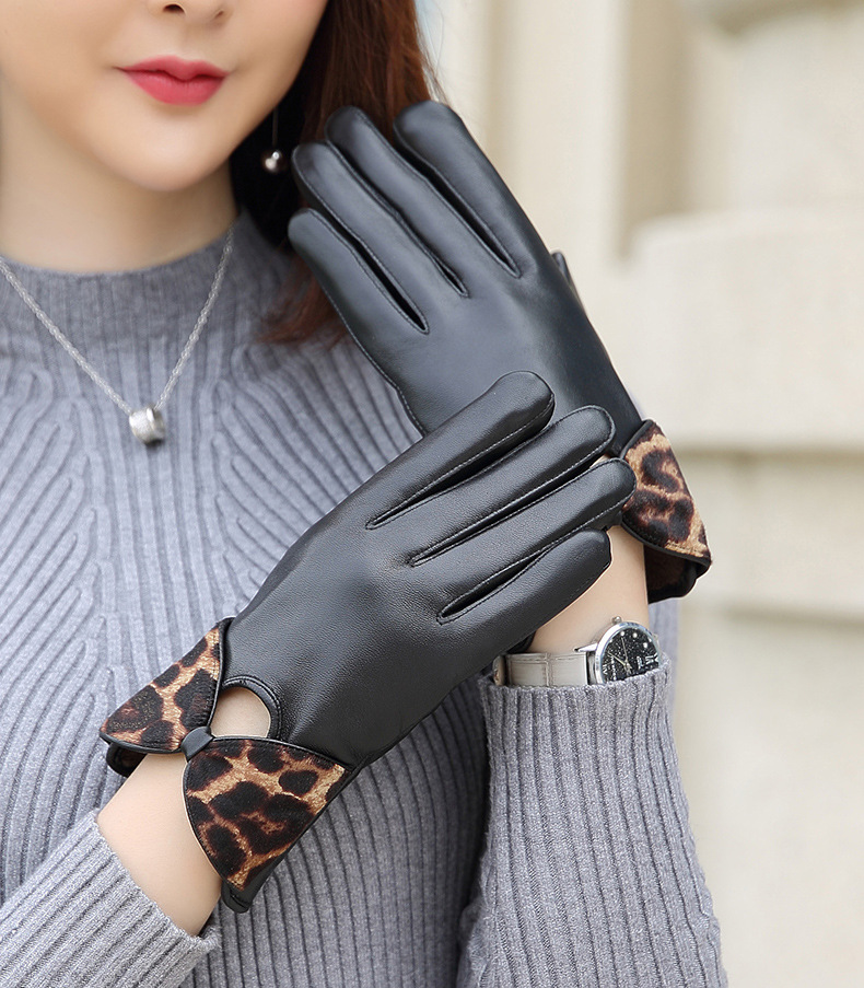 新款女士真皮手套豹纹蝴蝶结皮手套冬季开车保暖羊皮手套批发加工