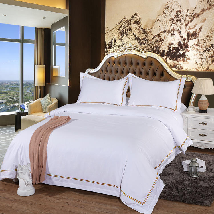 星级酒店床上用品白色宾馆四件套全棉60s贡缎刺绣酒店布草套件
