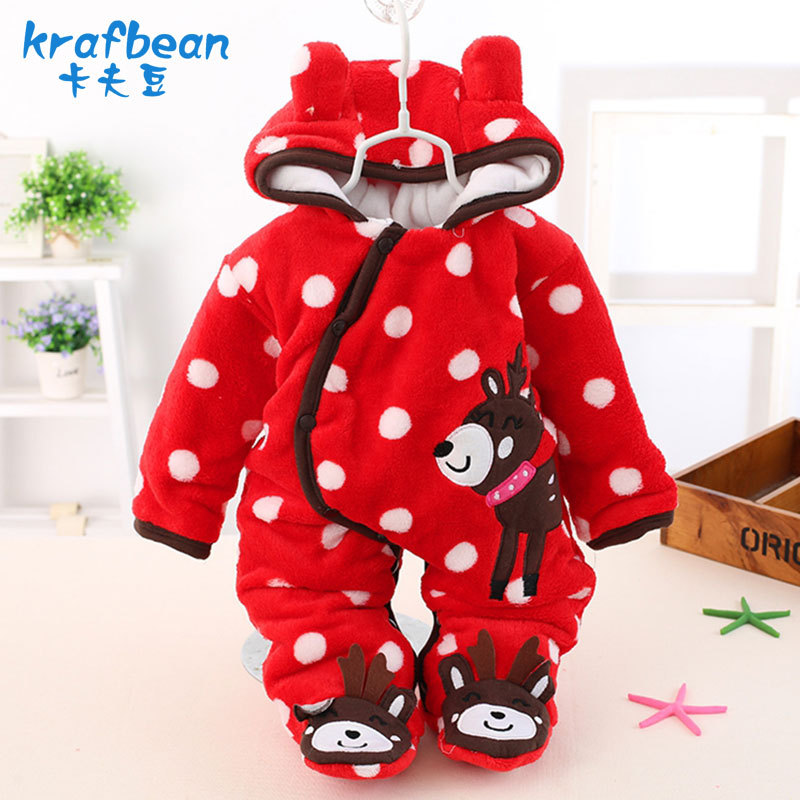 Factory Supply Hooded Romper Thickened Cartoon Baby's Romper Baby Jumpsuit Outwear Autumn and Winter Thickening