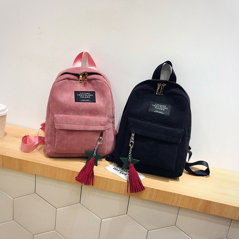 2021 Winter New Canvas Bag Corduroy Ribbon Pendant Korean Style Fashion Backpack Girls' Student Schoolbag