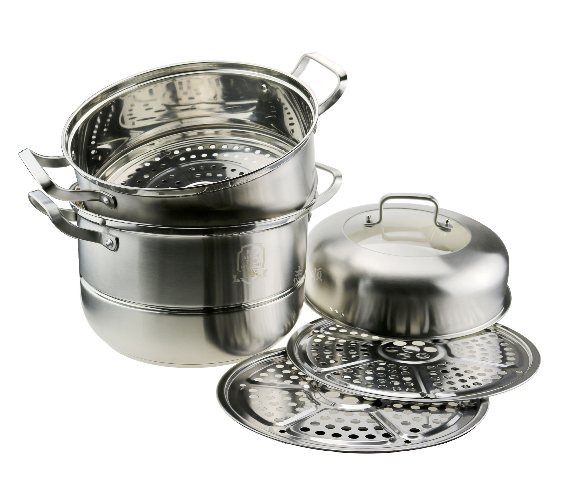 304复底不锈钢蒸锅 加厚多用双篦三层组合盖蒸汤锅 礼品不锈钢锅