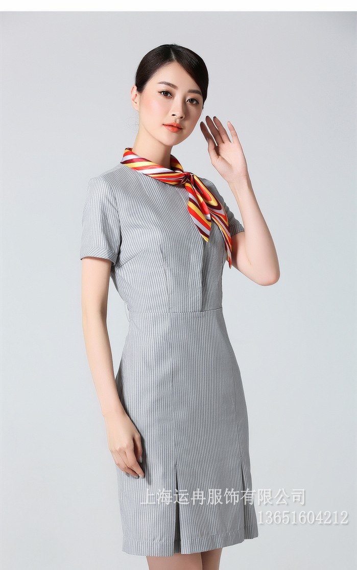 定制海航空姐连衣裙职业套装新款夏装灰色条纹航空工作服短袖丝巾
