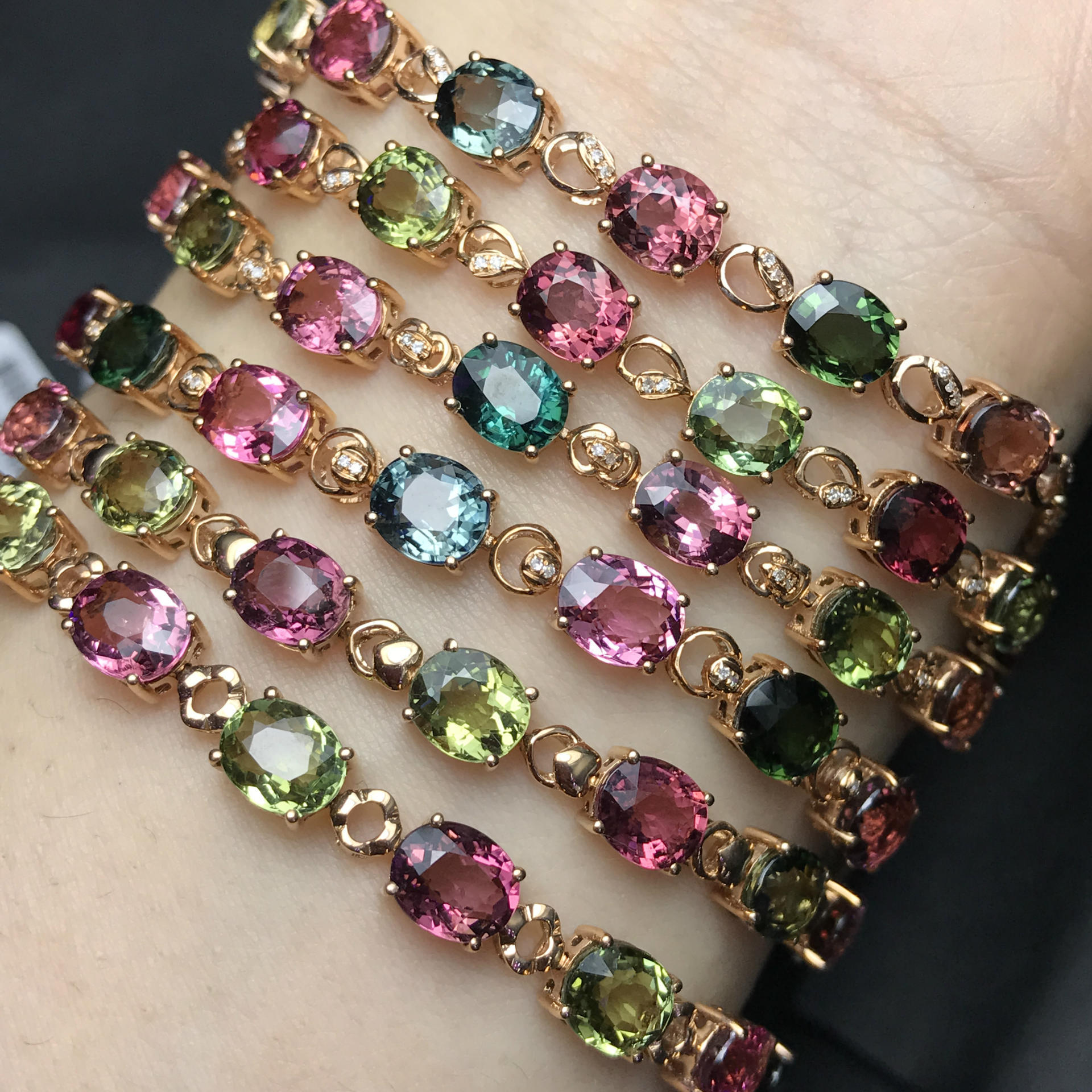 包证书 简单精致款 天然碧玺手链 18k金镶嵌彩色宝石手链女生礼物