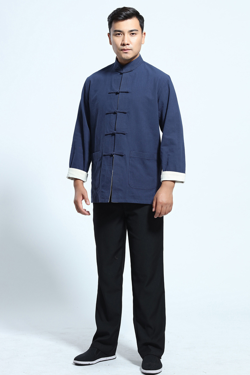 男士唐装长袖外套中式春秋老粗布汉服男长衫禅修居士服