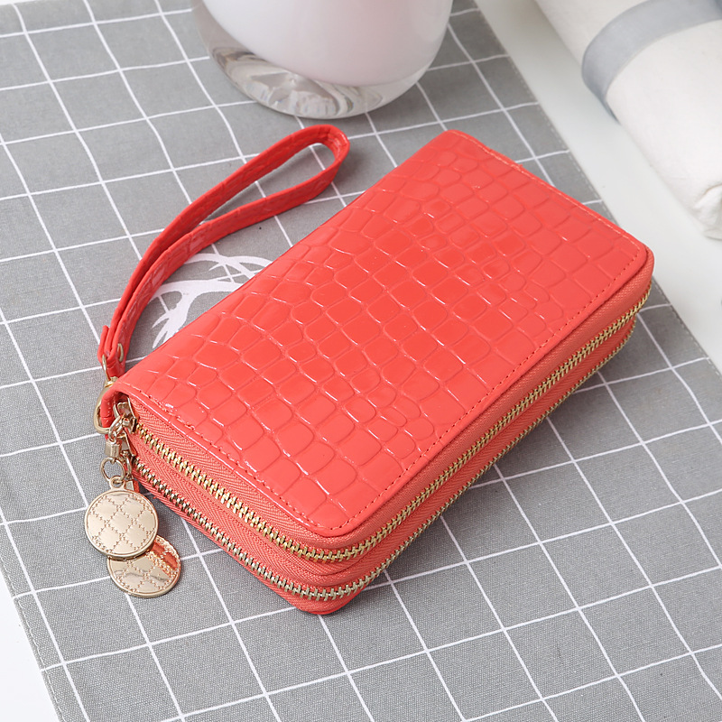 Solid Color Bright Leather Double Zipper Korean Style Simple Women's Wallet Multiple Card Slots PU Leather Long Clutch Stone Pattern Bag