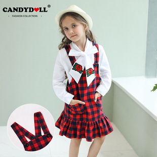 candydoll童装秋季新款儿童裙子舒适百搭红格子女童背带裙子