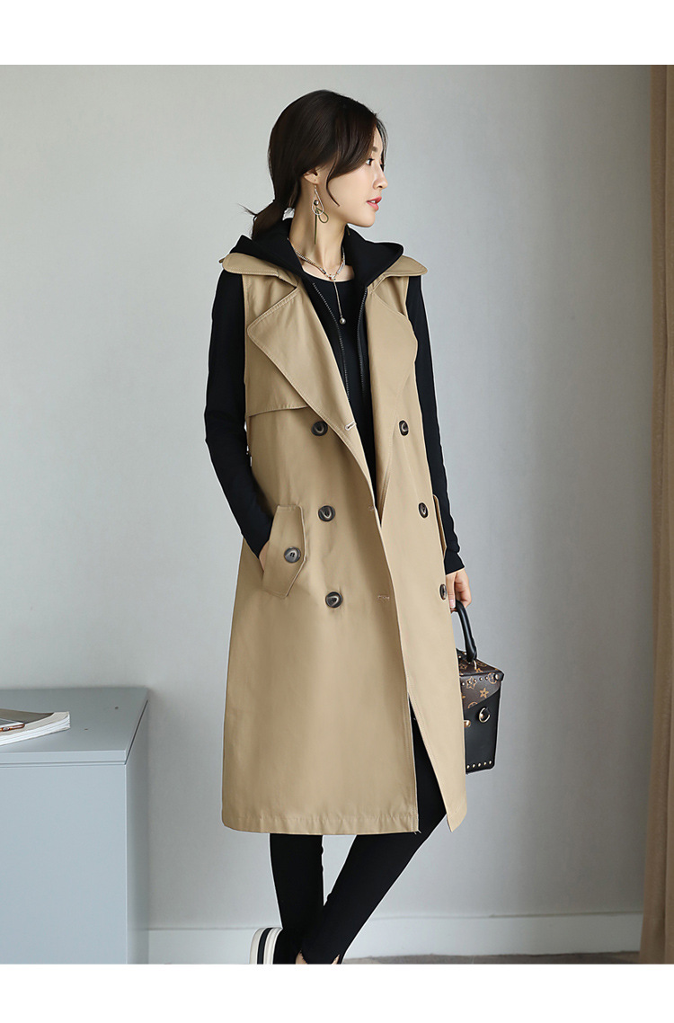 2017秋季新款假两件连帽风衣马甲后背字母刺绣中长款马甲女装外套