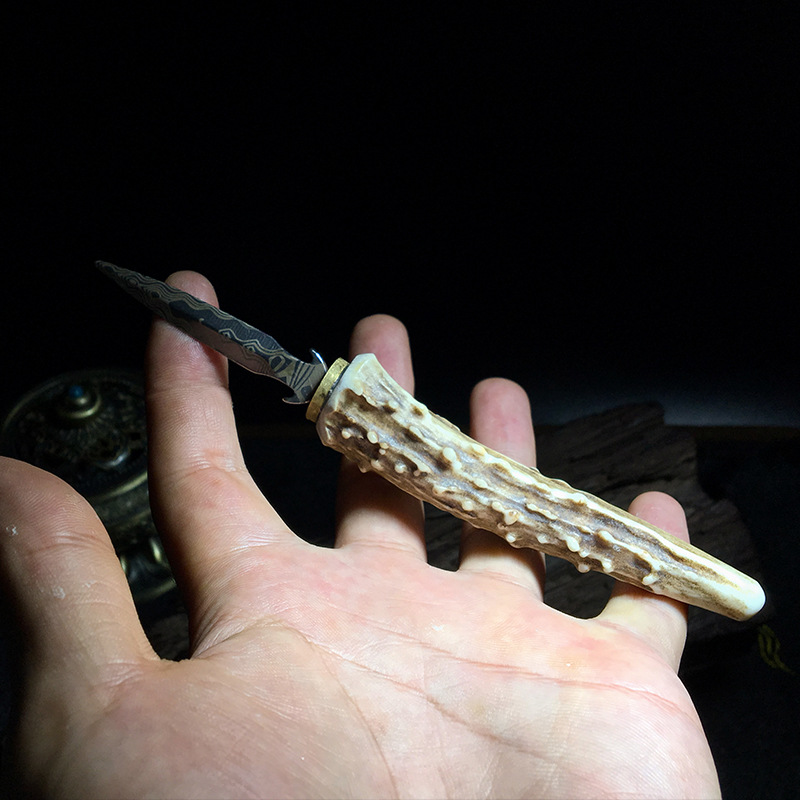 天然原生态鹿角尖茶刀手工锻造大马士革茶刀普洱茶专用茶针