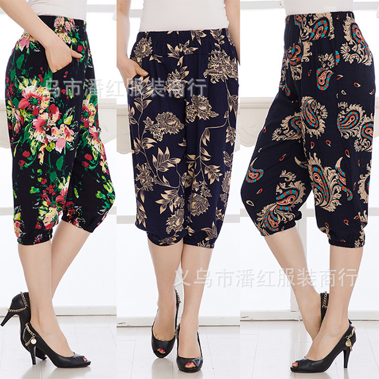 2023 Summer New Middle-Aged and Elderly Casual Women's Pants Cropped Loose Bloomers Thin Mom Wear Colorful Pants Wholesale