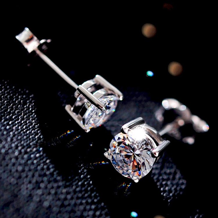 跨境宝石饰品s925纯银耳饰 水晶银饰925银耳钉 防过敏四爪锆石耳