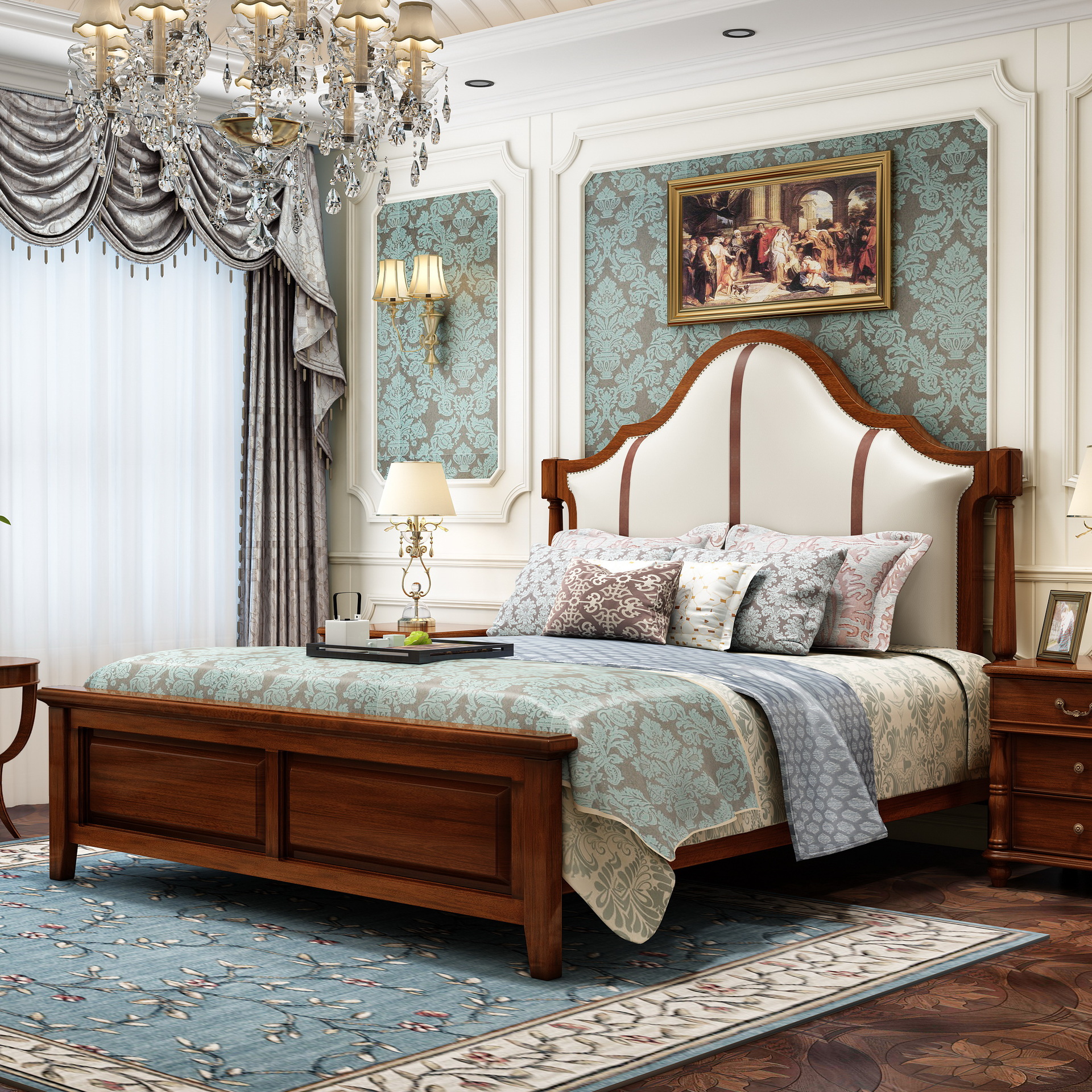 巢熙家具 美式床简美复古实木双人床 卧室欧式皮床1.8m 6313s