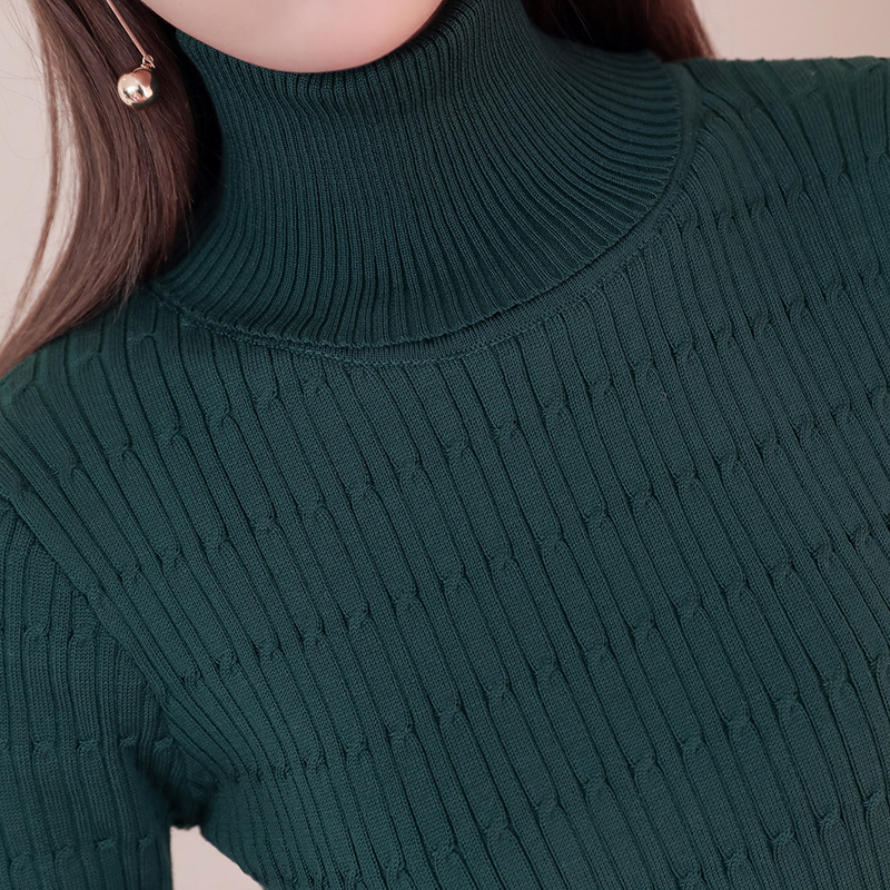 秋冬长袖修身保暖高领带绒加厚针织衫加绒毛衣套头打底衫螺纹线衣