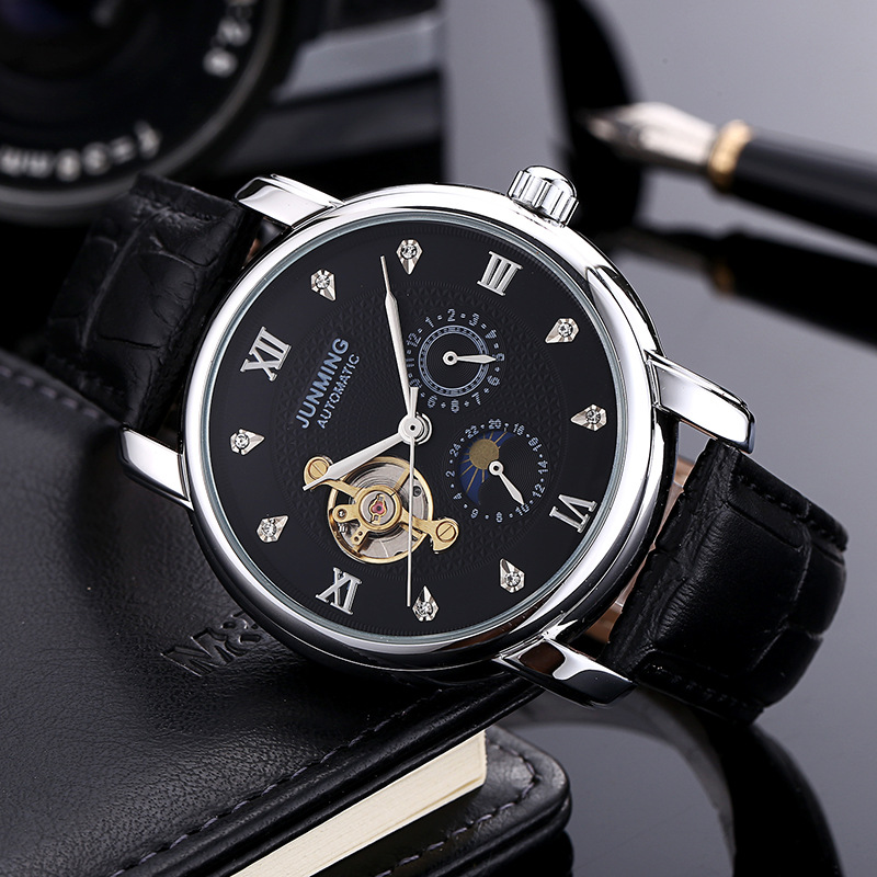 junming镶钻三盘五针皮带全自动防水机械手表时尚商务表男士腕表