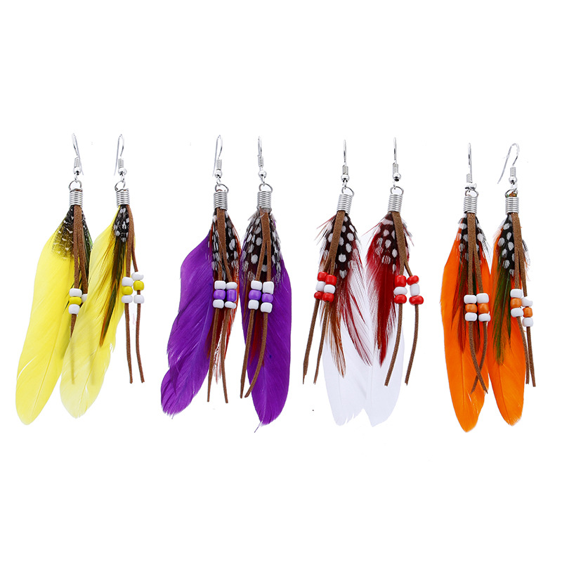 AliExpress Foreign Trade Ornament Wholesale Long Bohemian Earrings Tassel Bead Feather Earrings in Stock