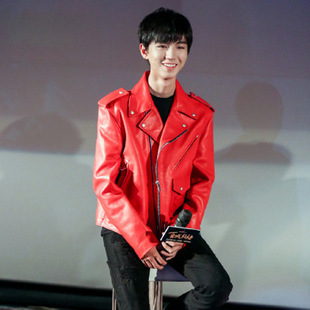 厂家直销海宁王俊凯tfboy红色机车明星同款真皮皮衣男士短款外套