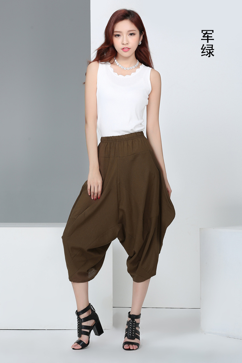 批发民族风裤子女亚麻七分裤棉麻垮裤低裆高腰阔腿裤纯色一件代发